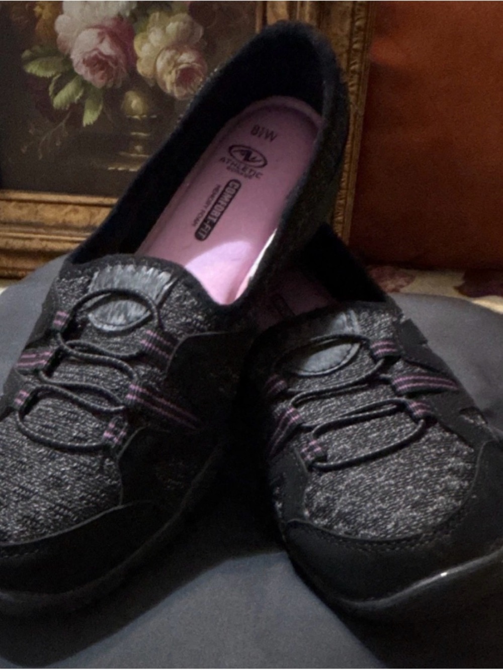 Athletic Works Black Slip-On Knit Sneakers with Pink Insole